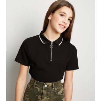 Girls Black Ring Zip Polo Neck Shirt