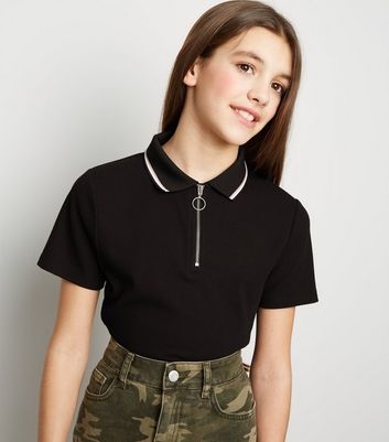 Girls Black Ring Zip Polo Neck Shirt