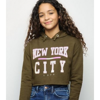 Girls Khaki New York Slogan Hoodie