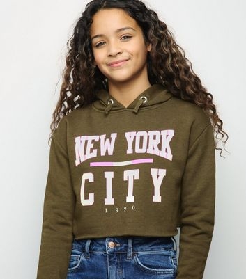 Girls Khaki New York Slogan Hoodie