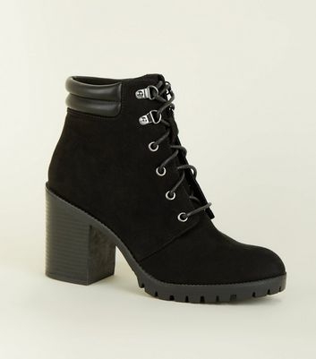 Black Suedette Lace Up Heel Ankle Boots