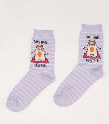 Lilac Don't Hate Cat Slogan Socks