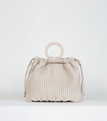 Nude Leather-Look Pleated Bucket Bag