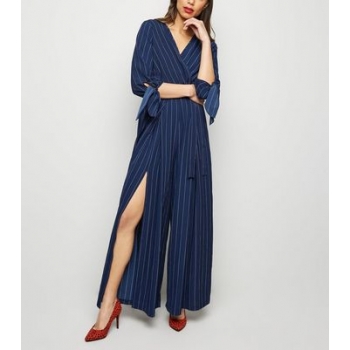 Mela Navy Pinstripe Tie Sleeve Jumpsuit