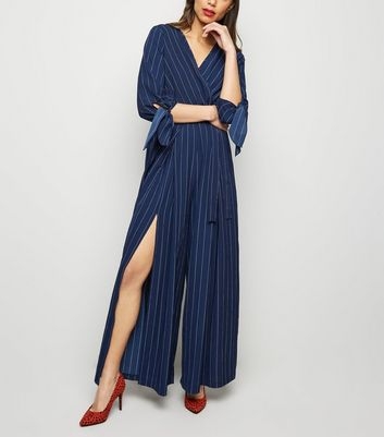 Mela Navy Pinstripe Tie Sleeve Jumpsuit