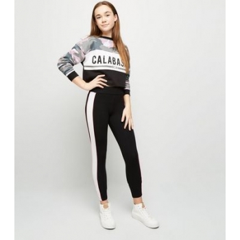 Girls Black Neon Piped Side Stripe Leggings