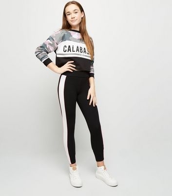 Girls Black Neon Piped Side Stripe Leggings