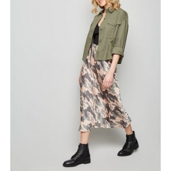 Green Camo Bias Cut Satin Midi Skirt