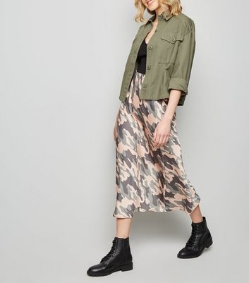 Green Camo Bias Cut Satin Midi Skirt