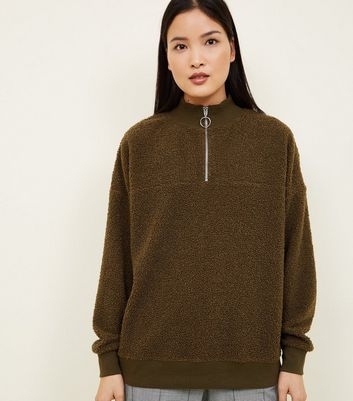 Khaki Borg Ring Zip Up Funnel Neck Sweatshirt