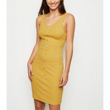 Mustard Ribbed Button Front Sleeveless Mini Dress