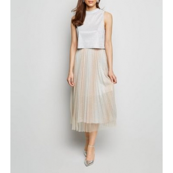 Cream Glitter Tulle Pleated Midi Skirt