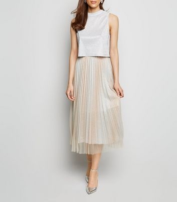 Cream Glitter Tulle Pleated Midi Skirt