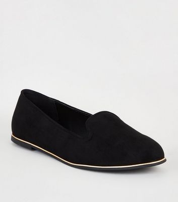 Wide Fit Black Suedette Metal Trim Loafers