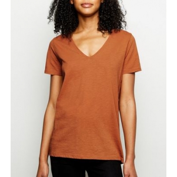 Tan Cotton V Neck T-Shirt