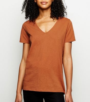 Tan Cotton V Neck T-Shirt