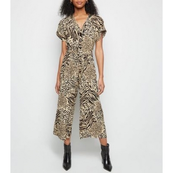 Brown Mixed Animal Print Cropped Jumpsuit