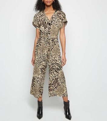 Brown Mixed Animal Print Cropped Jumpsuit