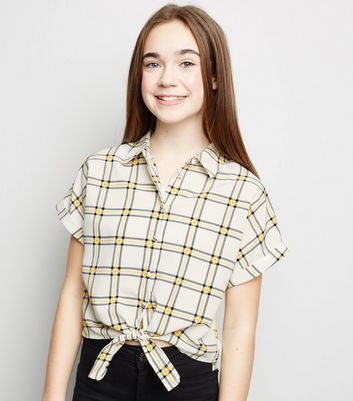 Girls Yellow Check Grid Tie Front Shirt