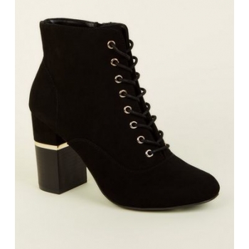 Black Lace Up Gold Trim Block Heel Boots