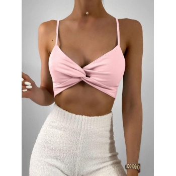 Women Tank Tops ZAFUL Twisted Sexy High Stretch Crop Cami Top with Wave Edge L Light pink