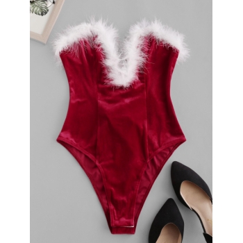 Women Bodysuits ZAFUL Faux Feather Lace Up Velvet V Wired Bandeau Bodysuit S Red