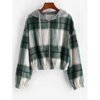 ZAFUL Hooded Plaid Combo Wool Blend Jacket S Sea turtle green