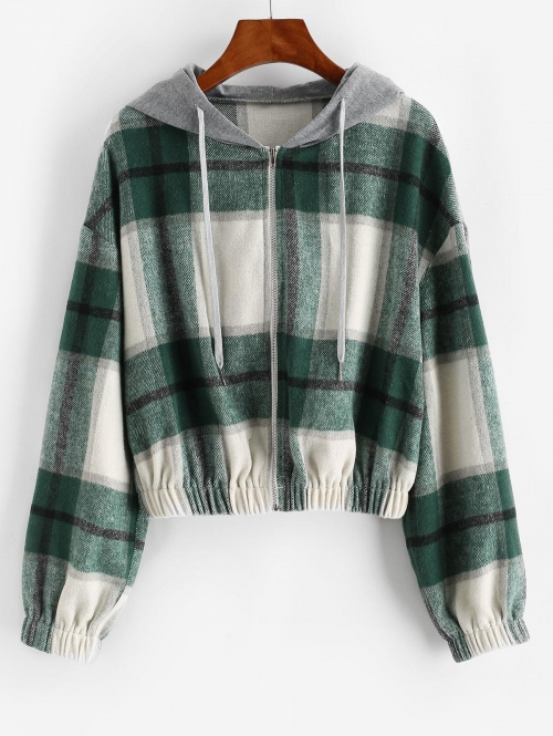 ZAFUL Hooded Plaid Combo Wool Blend Jacket S Sea turtle green