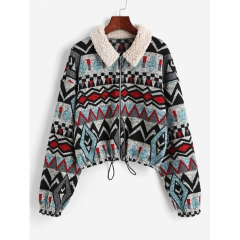 ZAFUL Faux Fur Insert Geometry Ethnic Aztec Printed Jacket S Black