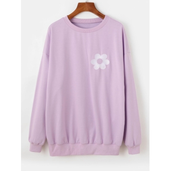 Women Hoodies ZAFUL Flower Embroidered Drop Shoulder Oversized Sweatshirt S Light purple