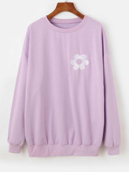 Women Hoodies ZAFUL Flower Embroidered Drop Shoulder Oversized Sweatshirt S Light purple