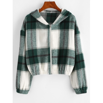 Plaid Fleece Zip Hooded Jacket S Light green