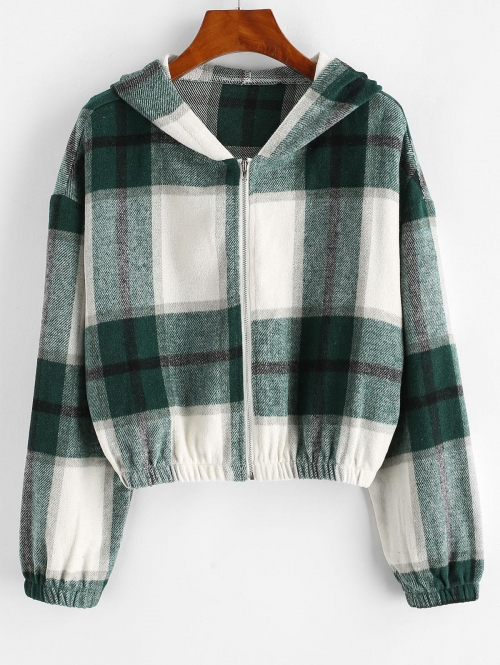 Plaid Fleece Zip Hooded Jacket S Light green