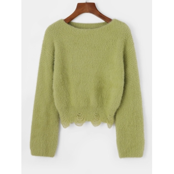 Women Slash Neck Fuzzy Distressed Sweater Green