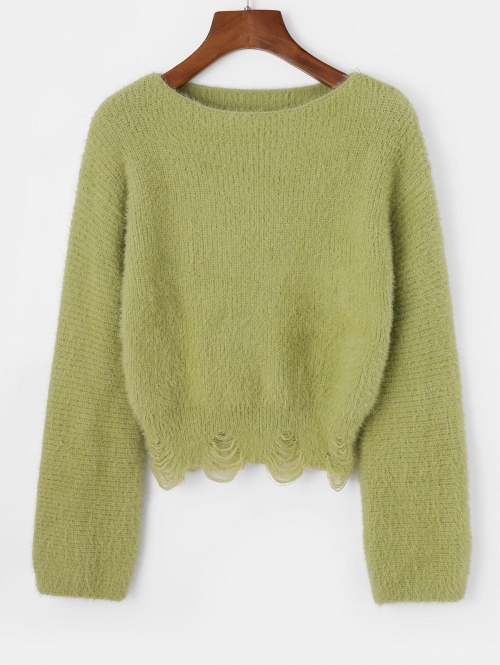 Women Slash Neck Fuzzy Distressed Sweater Green