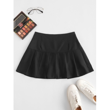 Side Zipper Solid Pleated Mini Skirt L Black