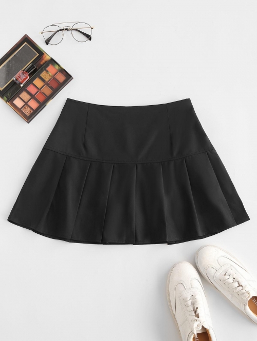 Side Zipper Solid Pleated Mini Skirt L Black