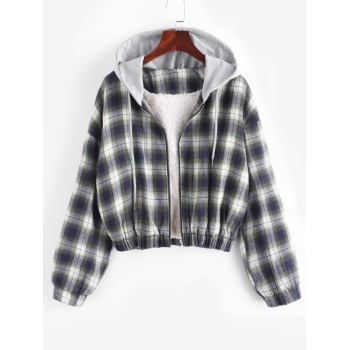 Fuzzy Flannel Hooded Faux Shearling Lined Plaid Jacket M