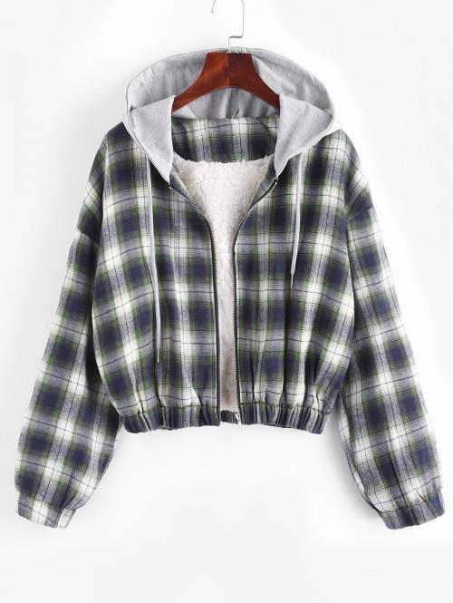 Fuzzy Flannel Hooded Faux Shearling Lined Plaid Jacket M