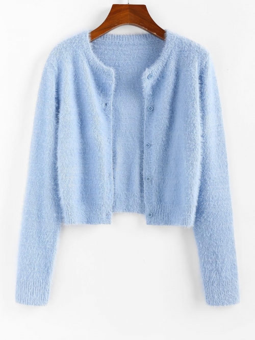 ZAFUL Fuzzy Button Up Plain Cardigan M Light blue