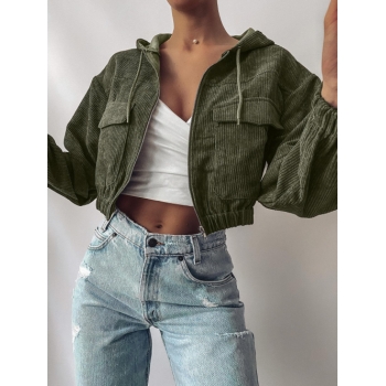 ZAFUL Women Corduroy Zipper Jacket Drop Shoulder Long Sleeves Autumn & Spring Pocket Hooded Coat L Green