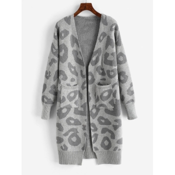 Leopard Drop Shoulder Open Front Cardigan Dark gray