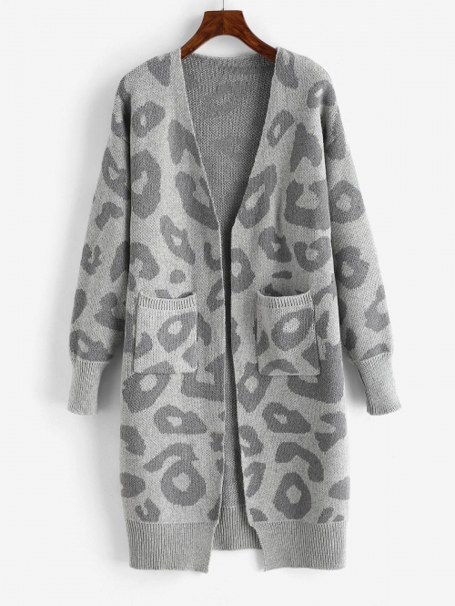 Leopard Drop Shoulder Open Front Cardigan Dark gray