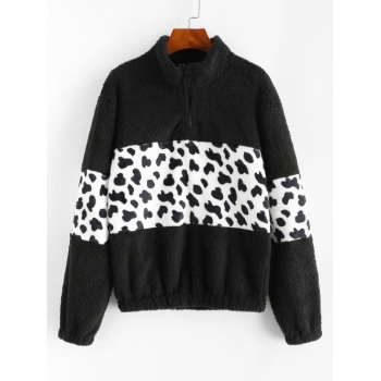 Women Hoodies Leopard Quarter Zip Fluffy Sweatshirt L Black