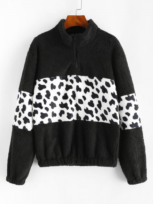 Women Hoodies Leopard Quarter Zip Fluffy Sweatshirt L Black