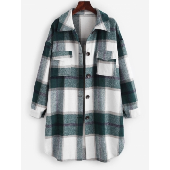 Plaid Front Pocket Wool Blend Coat M White