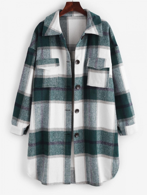 Plaid Front Pocket Wool Blend Coat M White