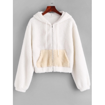 ZAFUL Hooded Zip Up Pocket Teddy Jacket S White