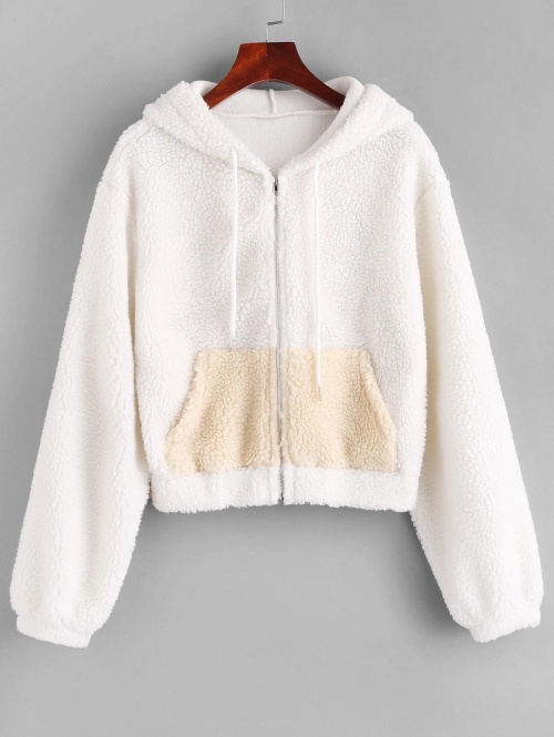 ZAFUL Hooded Zip Up Pocket Teddy Jacket S White