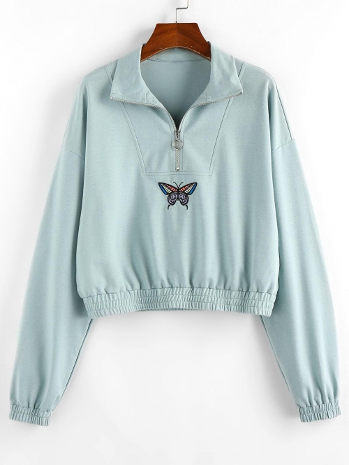 Women Hoodies ZAFUL Drop Shoulder Butterfly Crop Sweatshirt M Cyan opaque